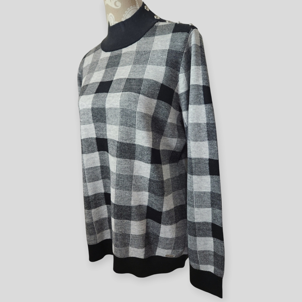 Calvin Klein Women’s Long Sleeve Black & White Plaid Mock Neck Sweater size L